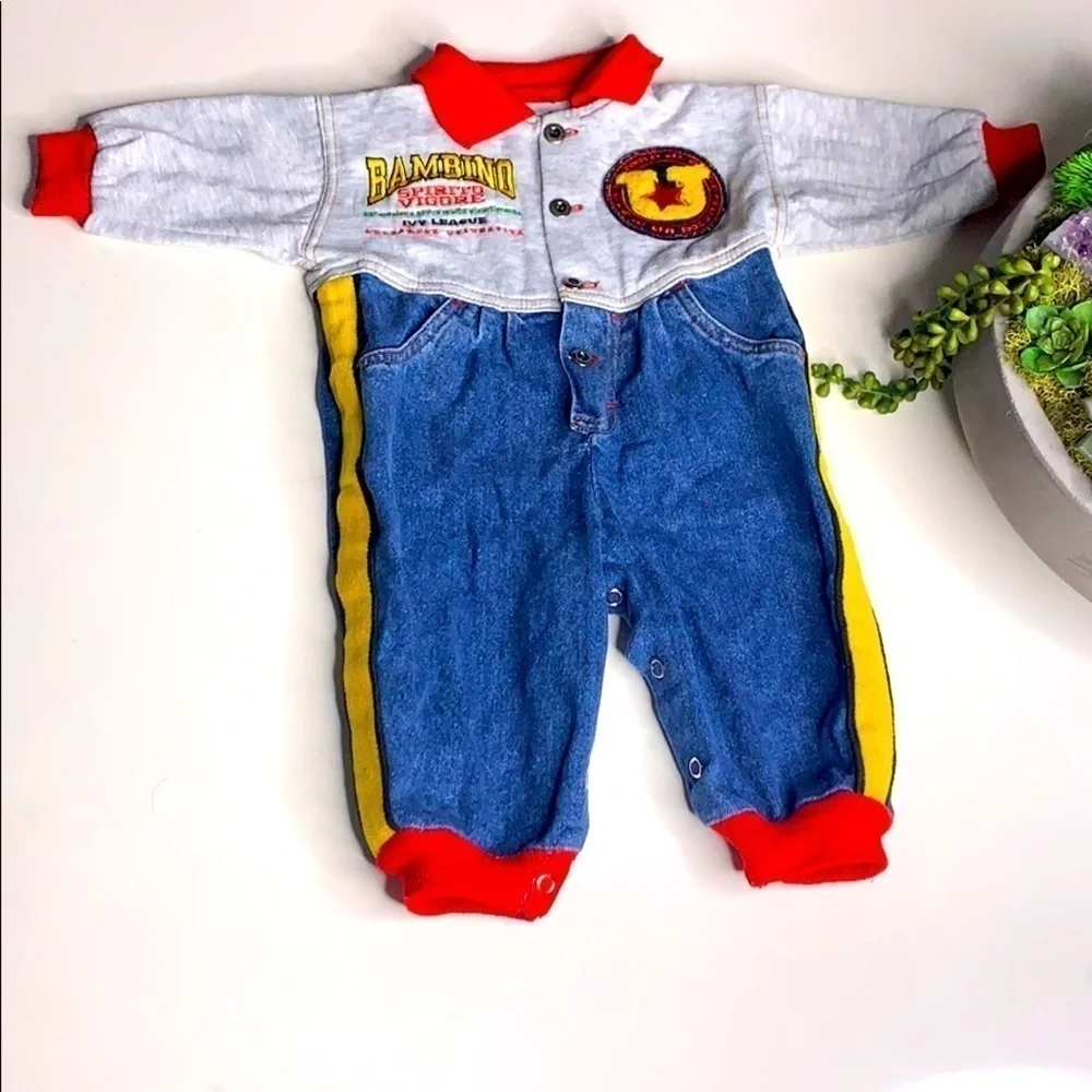Vintage Bambino Ivy League denim cotton collar jumpsuit romper baby 6-9 months